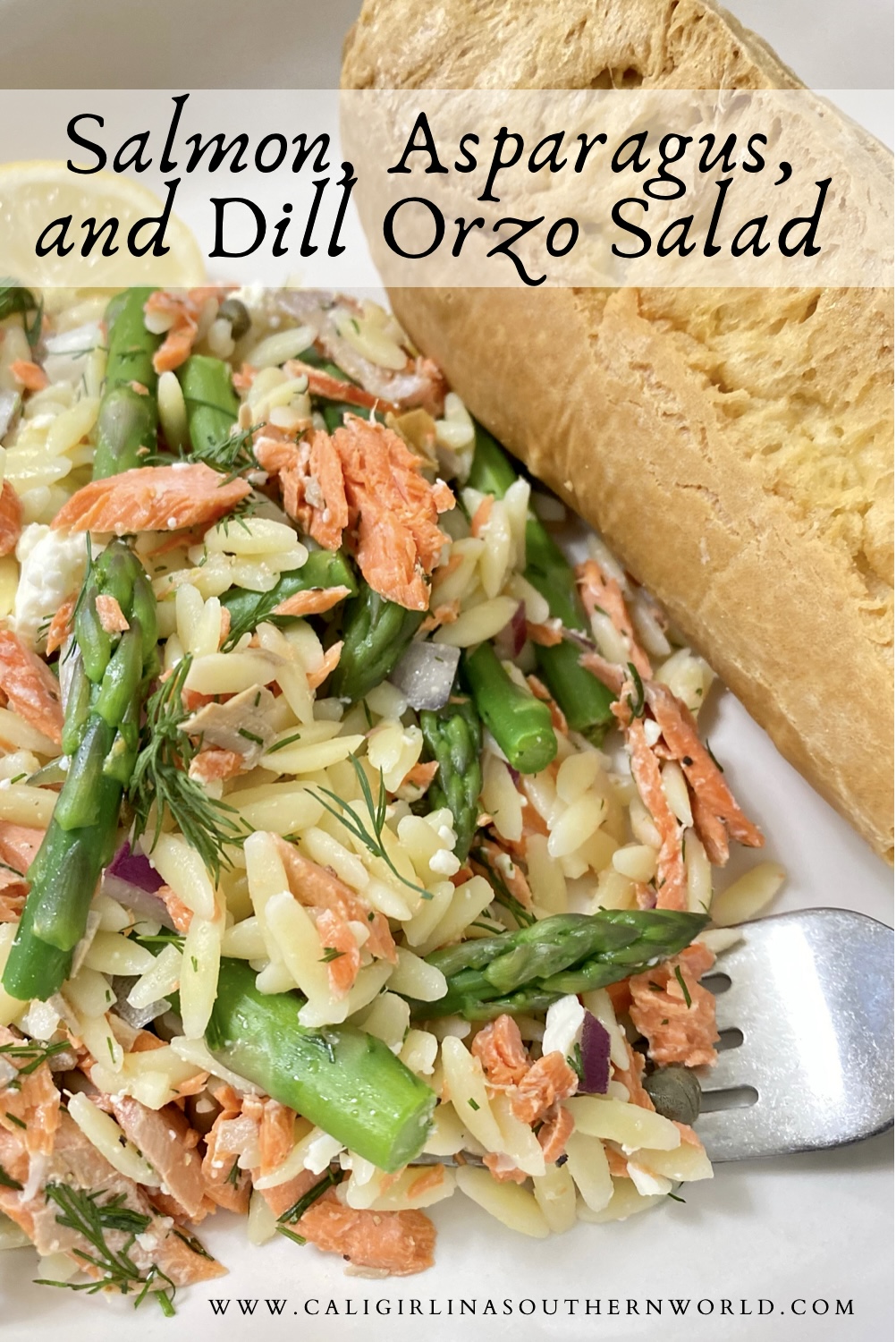 Pinterest Pin for Salmon, Asparagus, and Dill Orzo Salad.