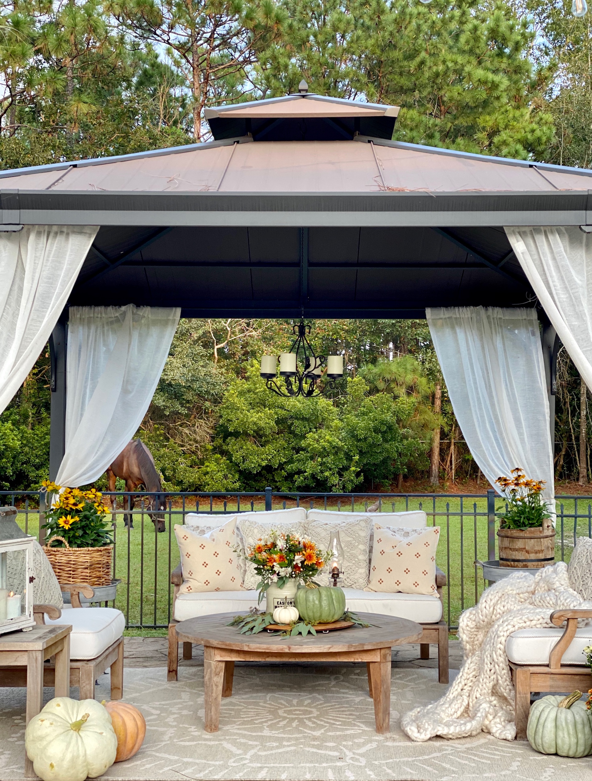 An outdoor seating arrangement under the gazebo decorated for fall with florals, pumpkins, mums, pillows and cozy blankets with a horse in the background.