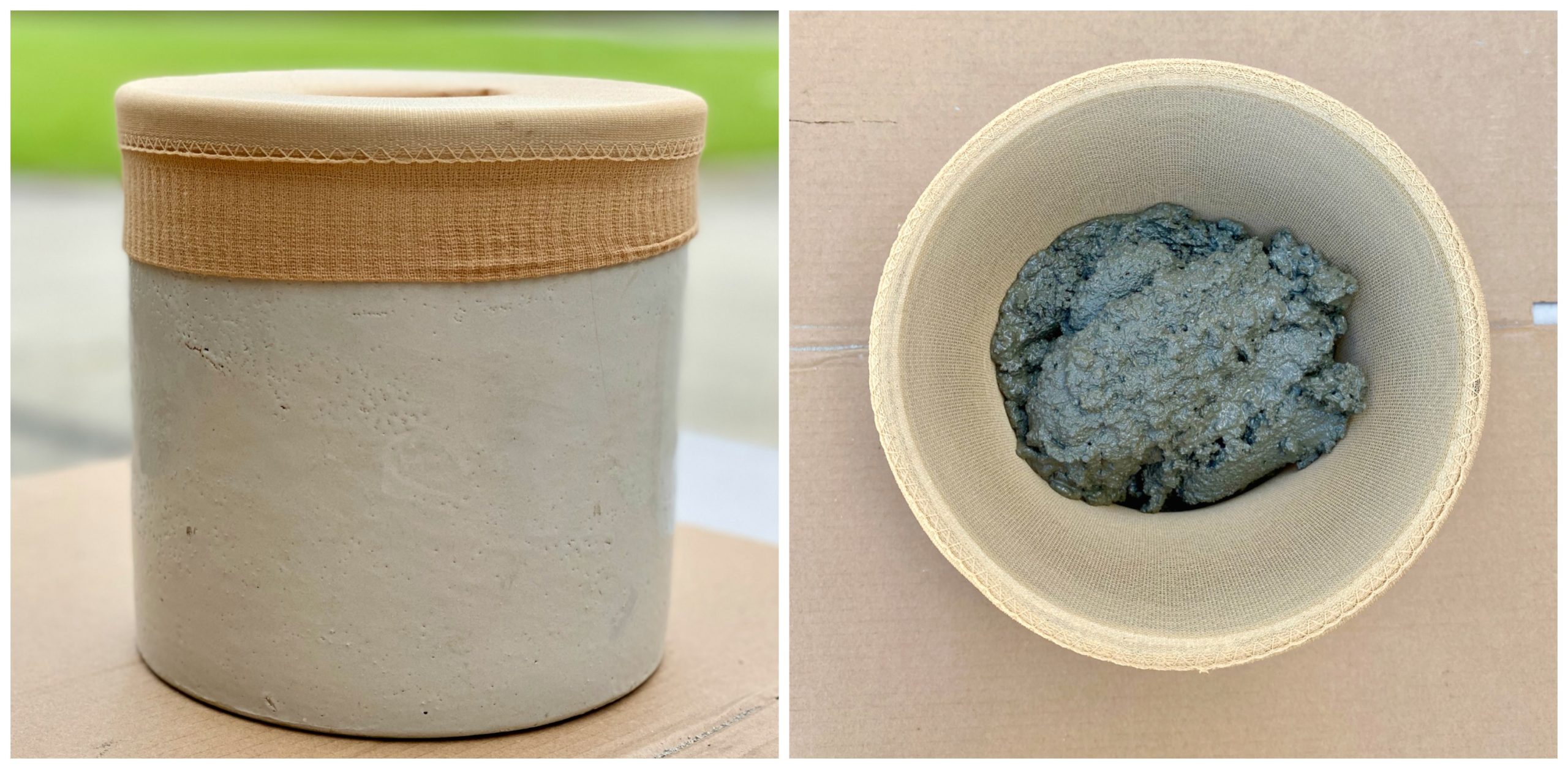 Photo collage of two photos. The first photo of a nylon on the crock. The second photo os of the concrete in the nylon in the crock. 