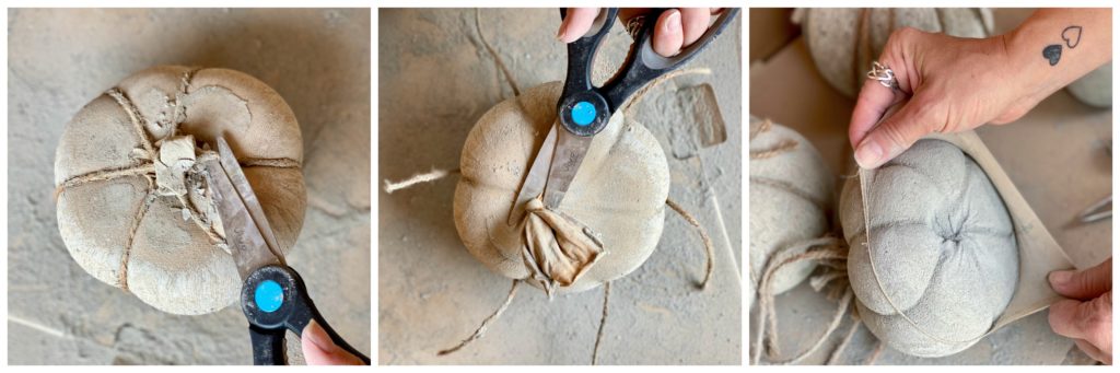 Photo collage of three photos showing how to cut twine from concrete pumpkin, cut knot in nylon, and then peel nylon off concrete pumpkin.