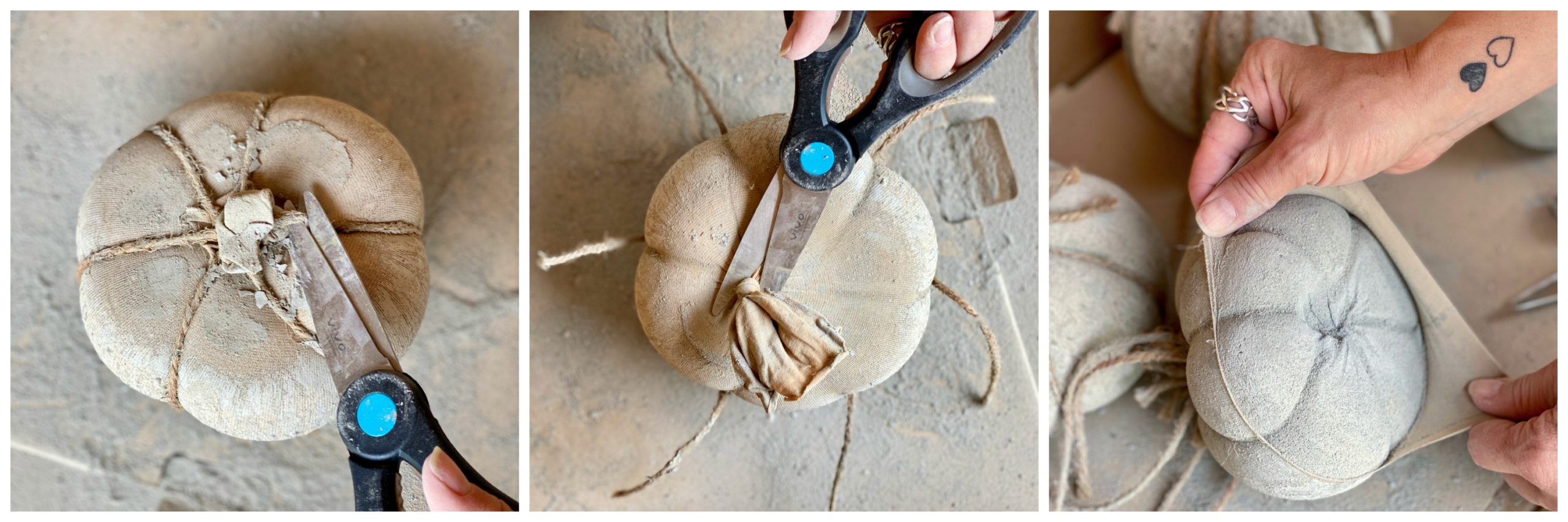 Photo collage of three photos showing how to cut twine, and knot from concrete pumpkin and then peel nylon off.
