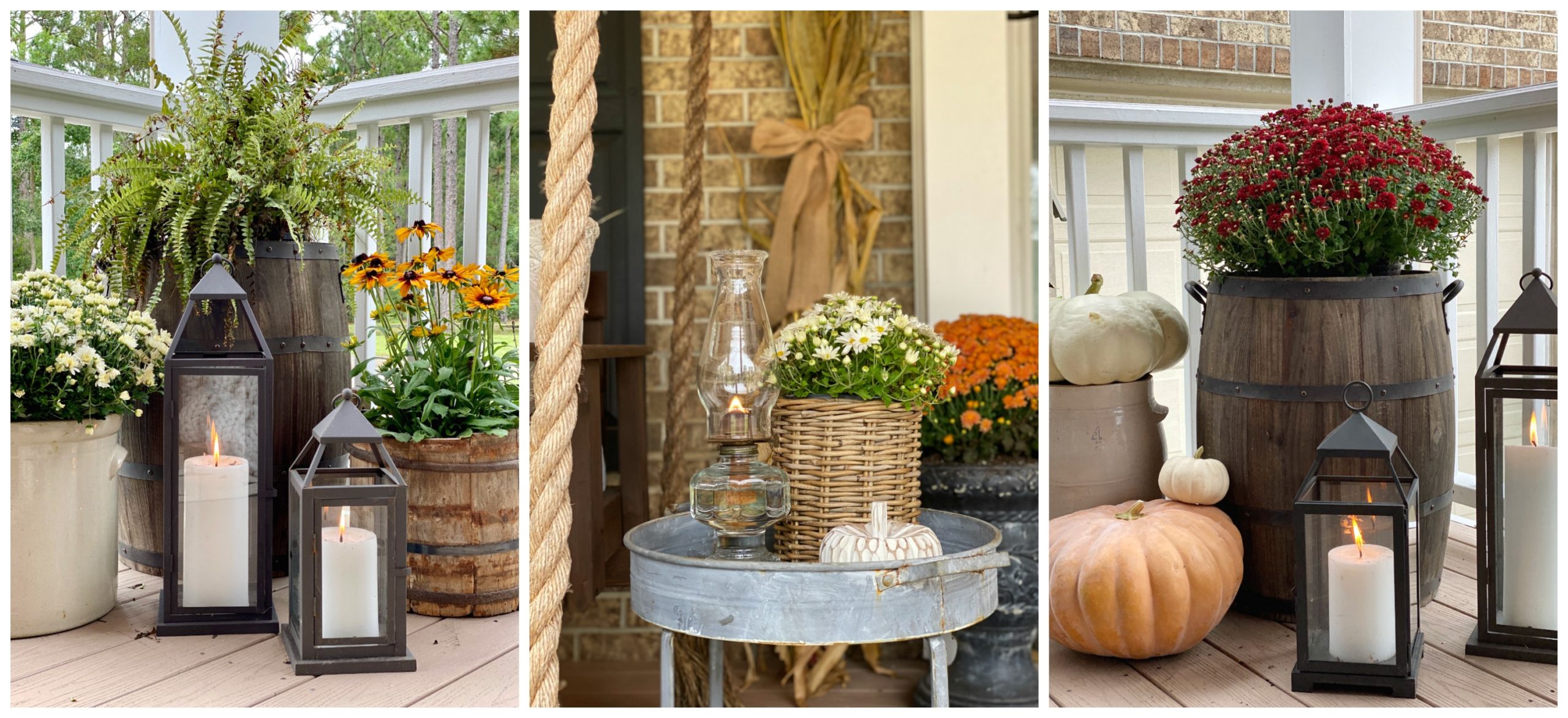 A collage of three photos of Fall vignettes using Fall florals, candles, branches and pumpkins.