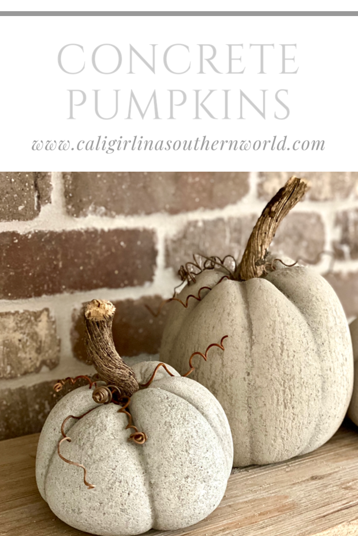 Pin for Pinterest of close up of concrete pumpkins with brick background.