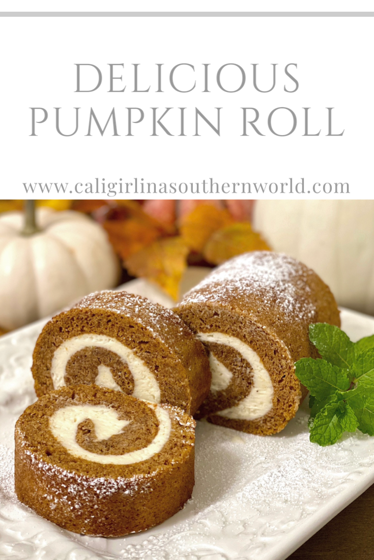Pin for Pinterest with photo of Pumpkin Roll on a platter.