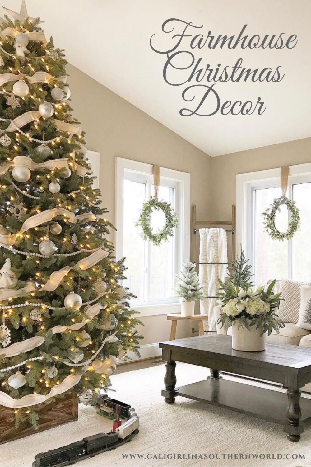 Pinterest Pin for Farmhouse Christmas Decor with a Christmas tree decorated in white.