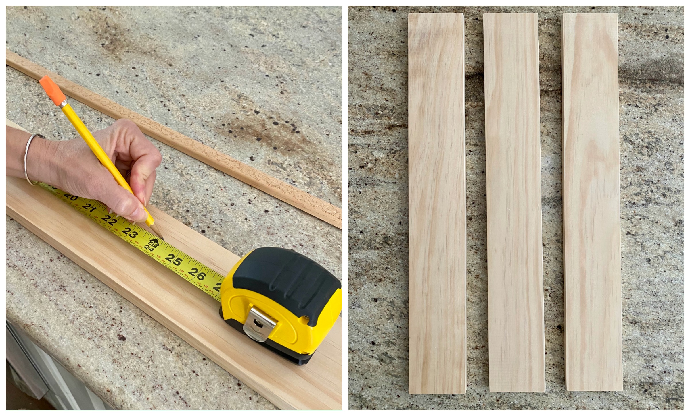 Measuring boards for the DIY Wood Farmhouse Tray bottom with a pencil and measuring tape.