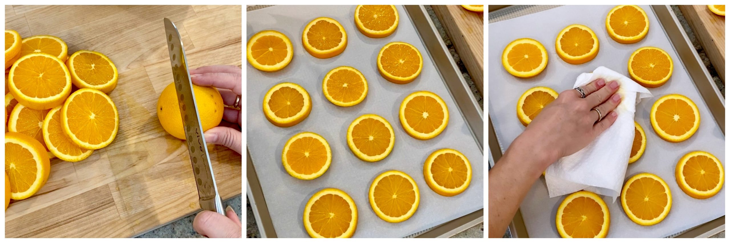 Collage of how to make dried orange garland: slicing oranges, placing them on cookie sheet, and blotting them with paper towels.