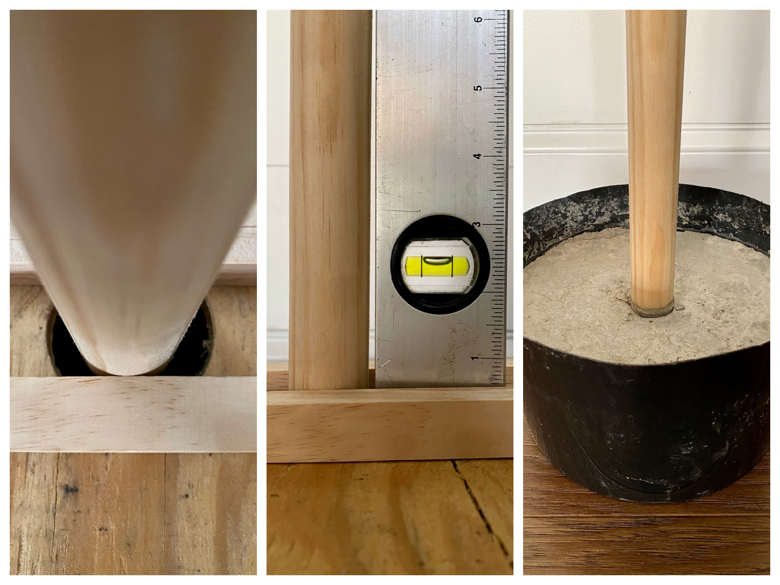 Three photo collage of wood dowel being set in concrete for trunk of the lampshade Christmas tree.