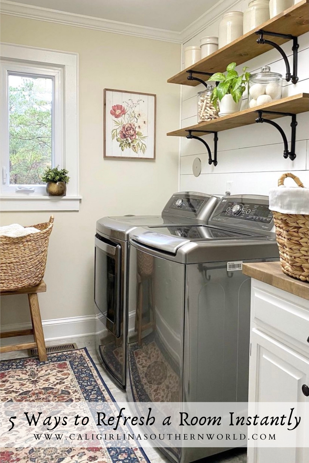 Laundry room with laundry baskets and open shelving.