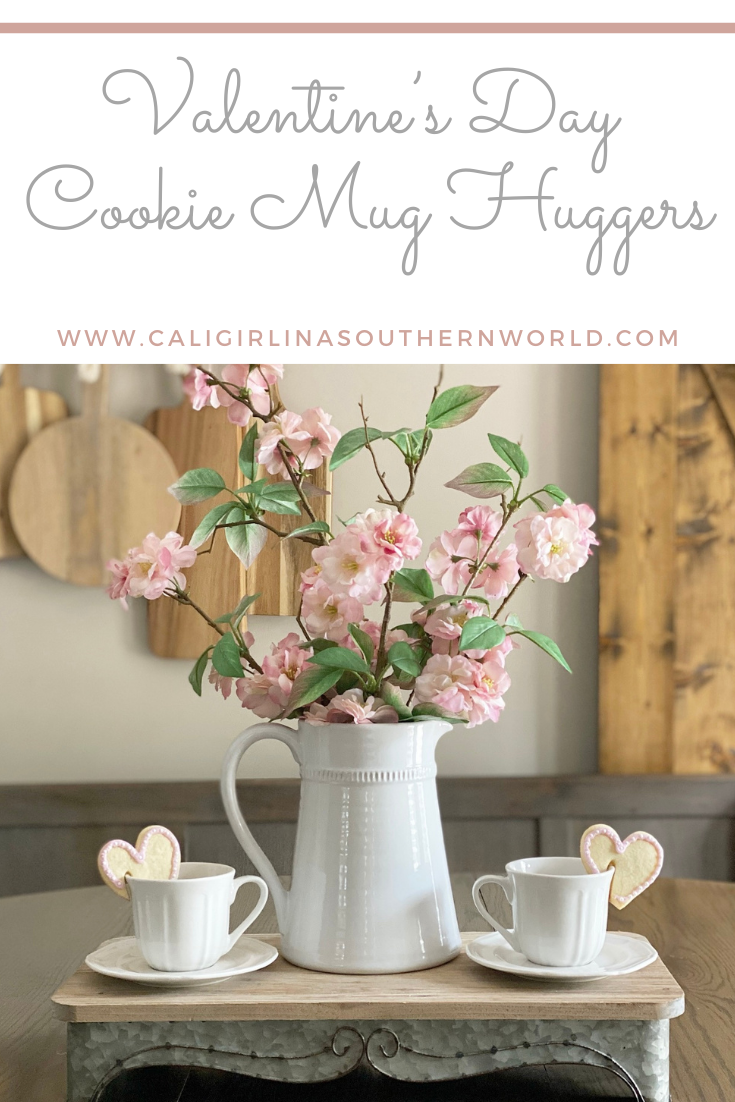Pinterest pin of mugs with Valentine's Day heart shaped cookie mug huggers on them.