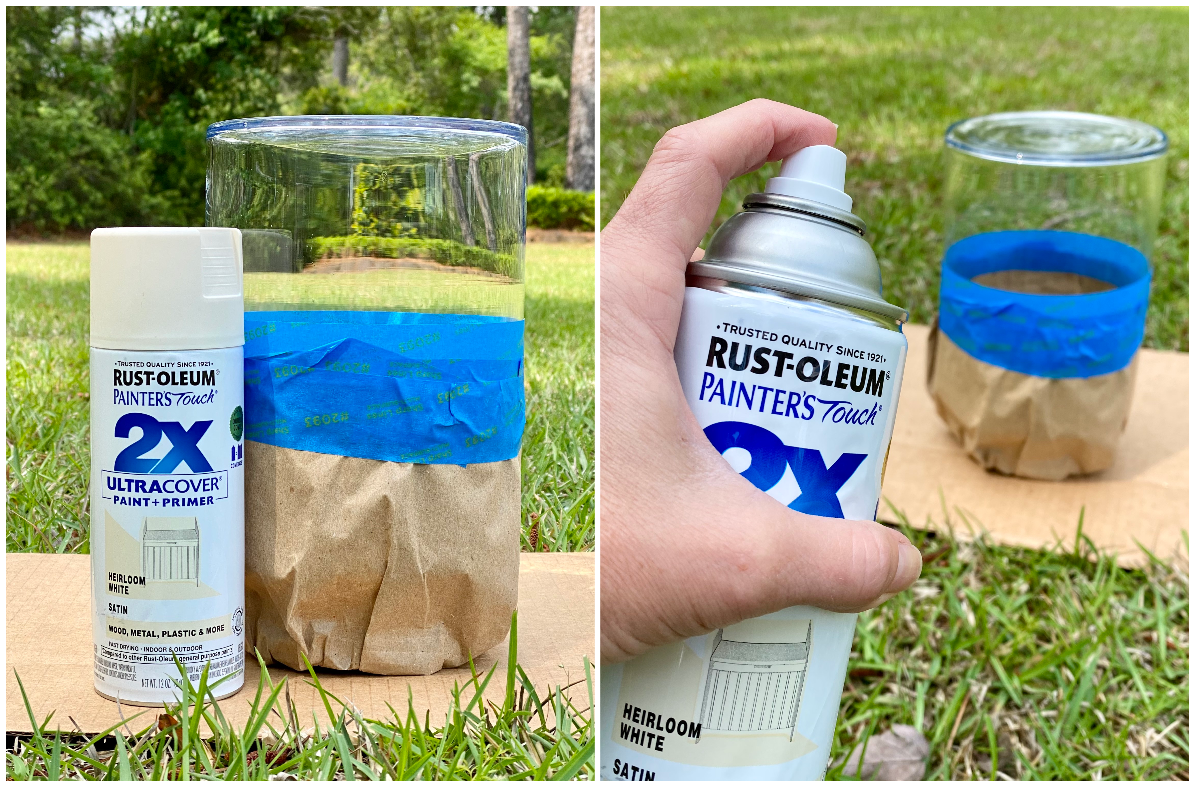 Photo collage of two photos showing how to tape and spray paint a glass vase. Use a paper bag to cover the part of the vase you don't want painted.