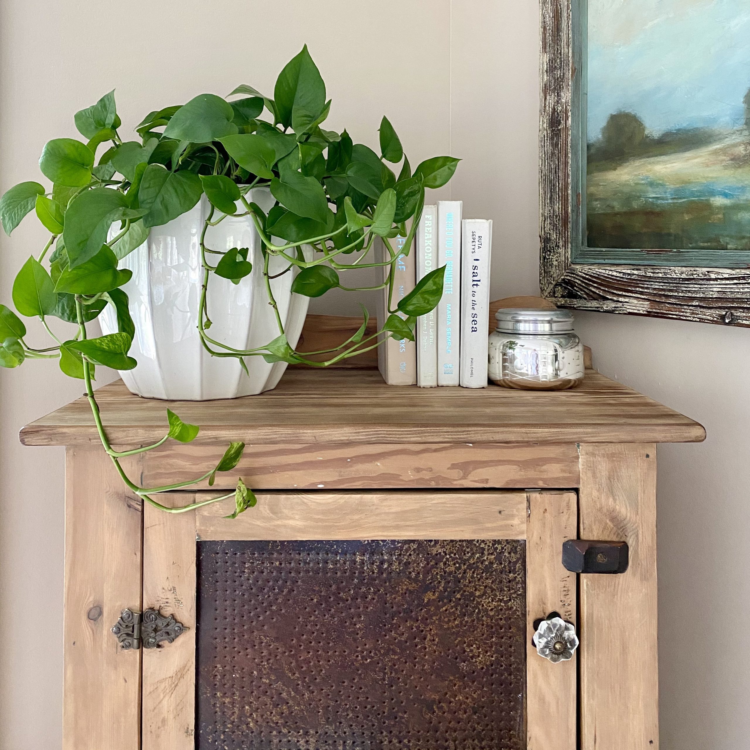 Pothos plant in a white plater sitting atop a wood cabinet with books and a candle.