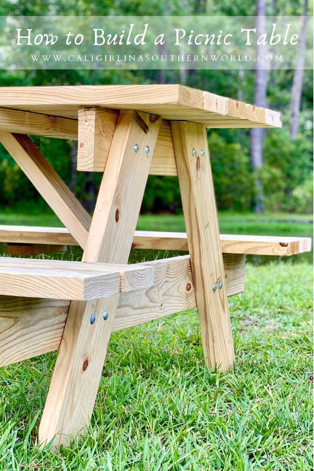 Pinterest Pin of side view of picnic table.