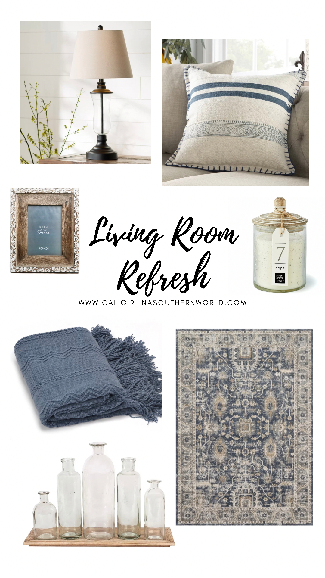 Mood board with living room refresh home decor inspiration including a pillow, picture frame, candle, rug, lamp and blanket.