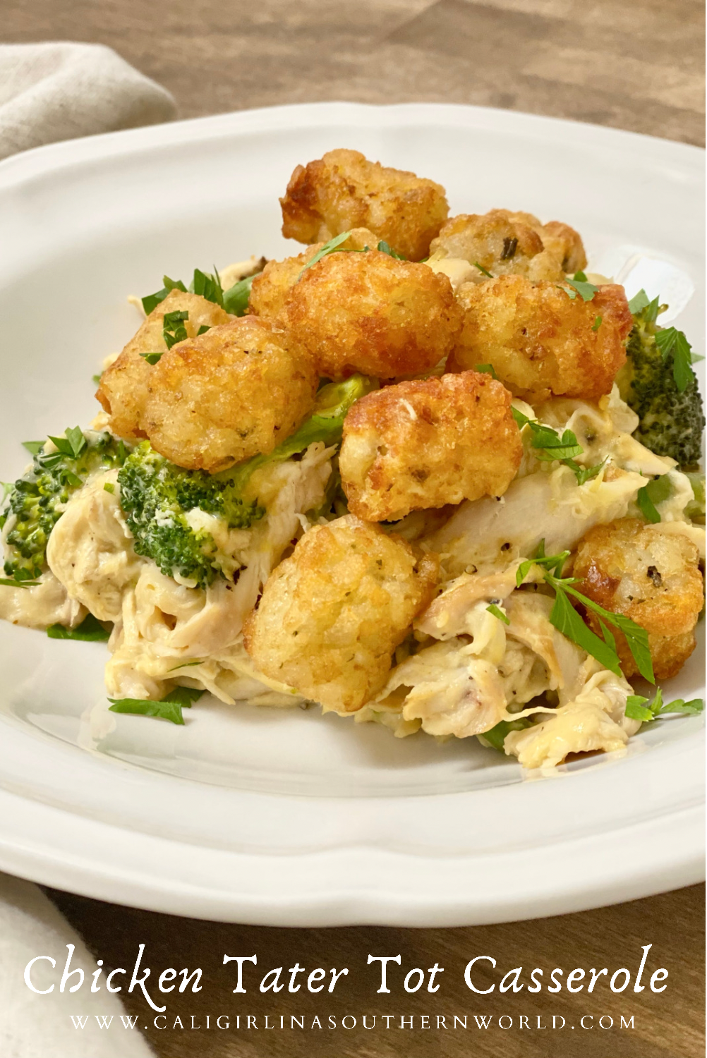 Pinterest Pin for Chicken Tater Tot Casserole on a white dish.