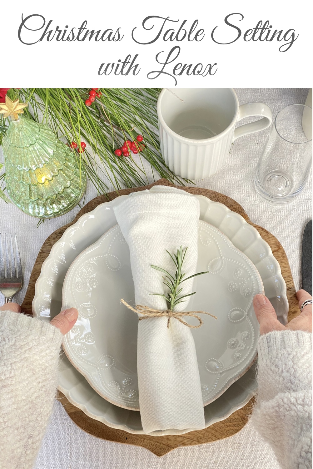 Pinterest Pin for Christmas table setting with Lenox.