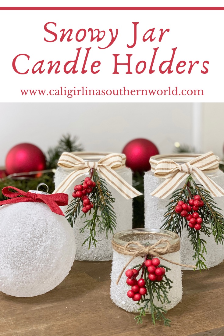 Pinterest Pin for snowy jar candle holders.