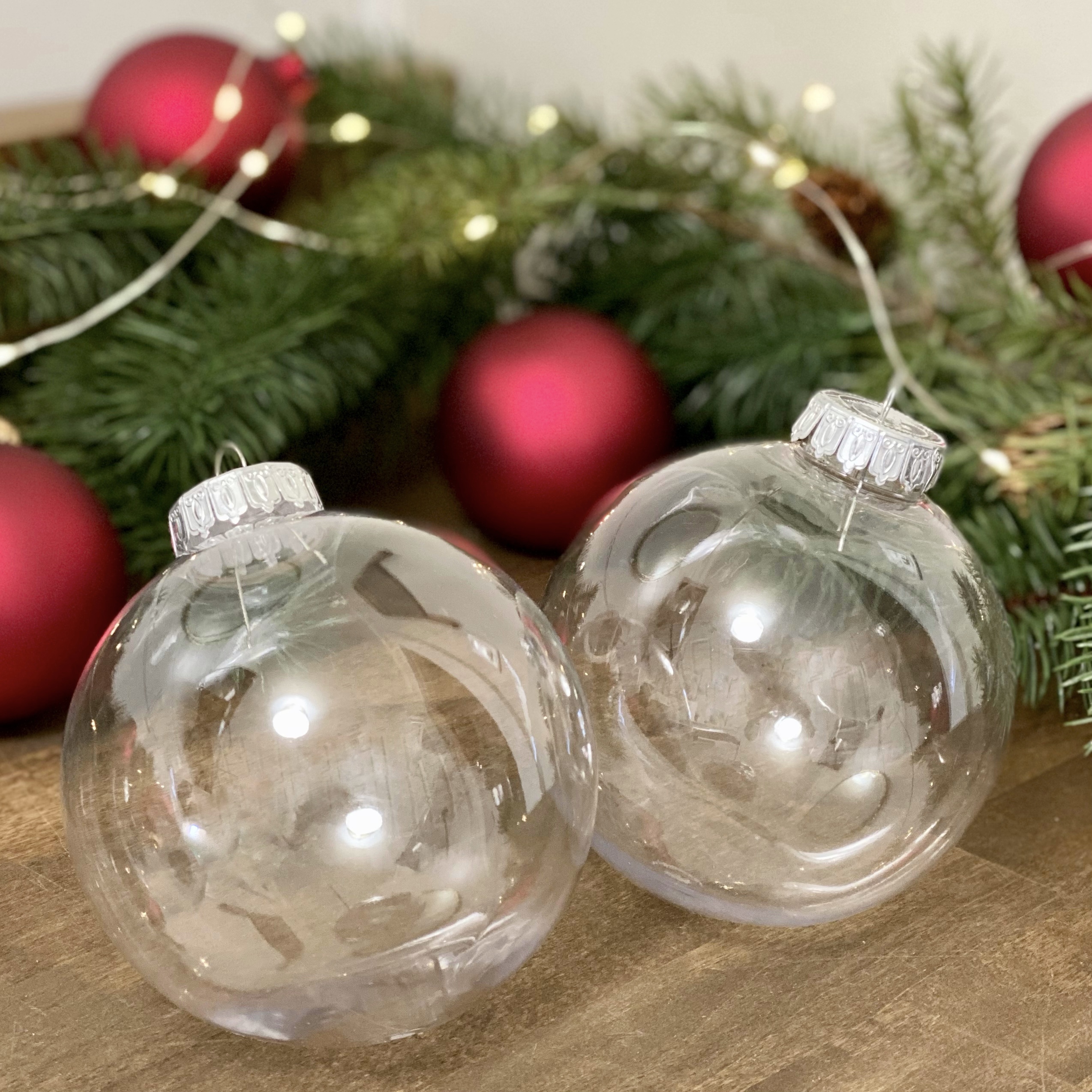 Clear plastic ball ornaments.
