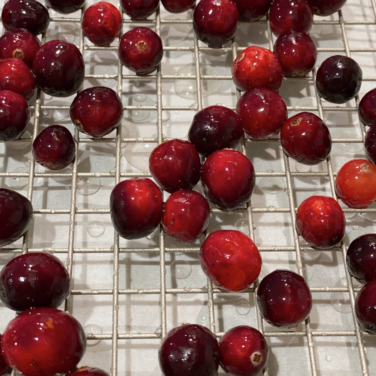 Cranberries with simple syrup on them drying on a wire rack.
