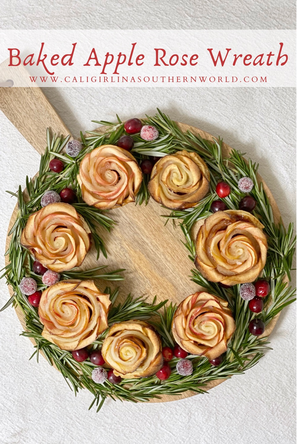 Pinterest Pin for baked apple rose wreath.