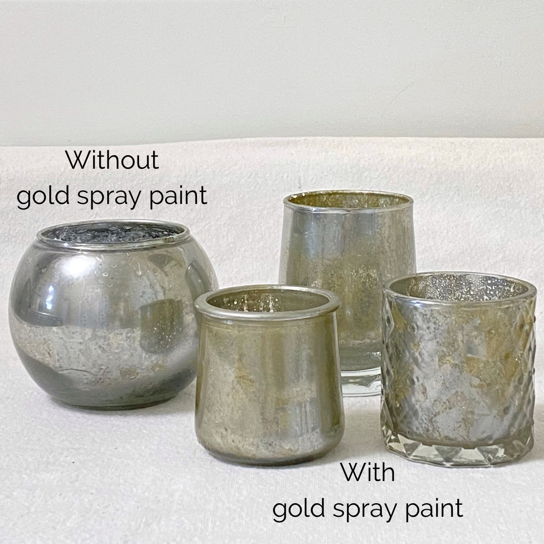 DIY mercury glass candle holders showing the difference between all silver and the addition of gold paint.