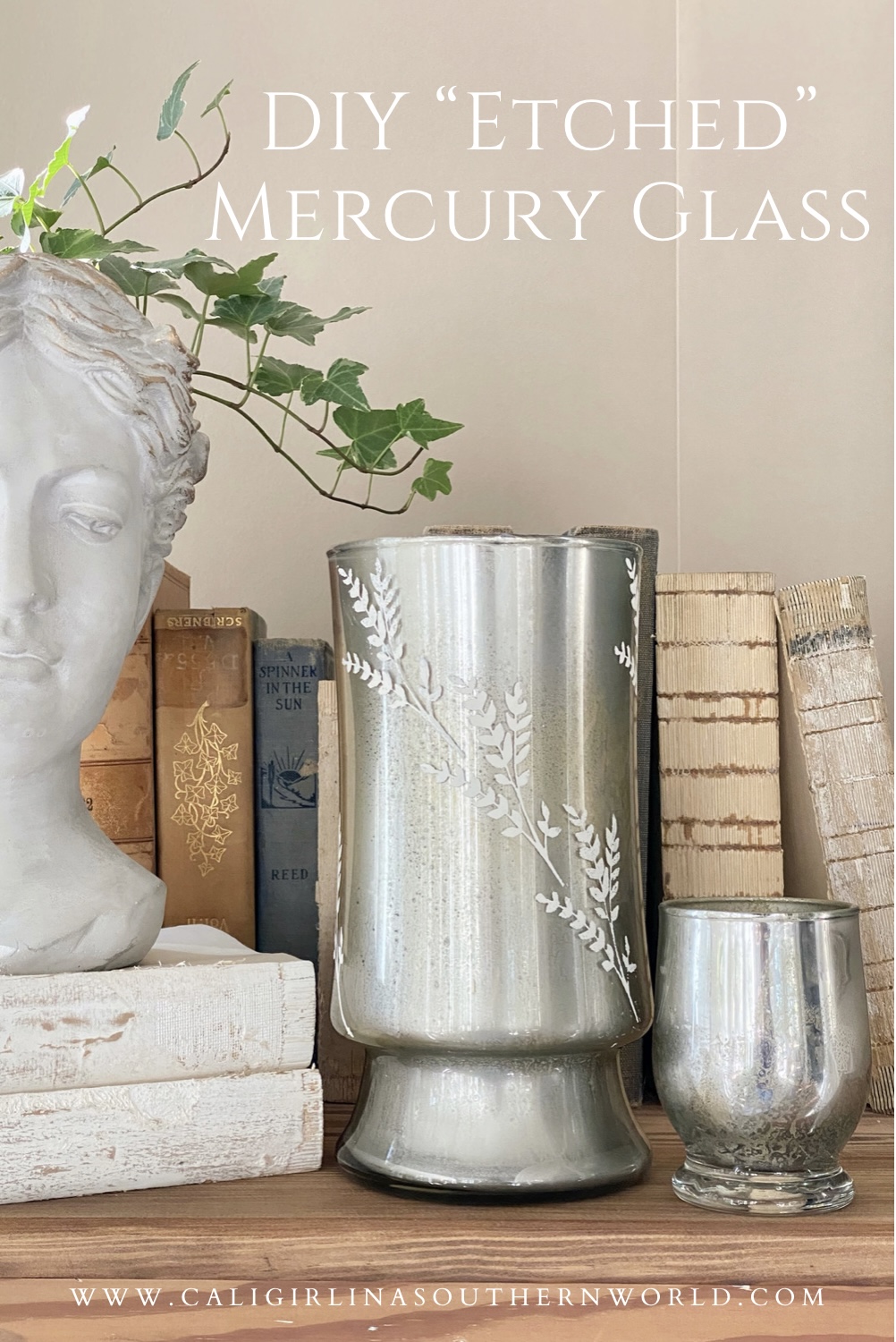 Pinterest Pin for DIY mercury glass candle holders with faux etching.