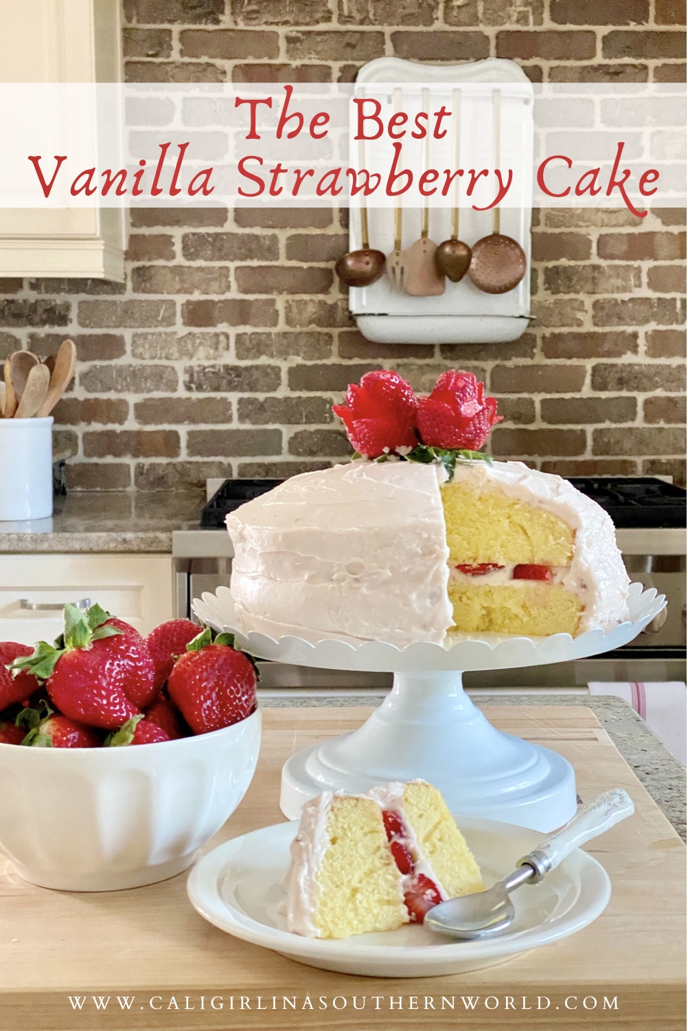 Pinterest Pin for the best vanilla strawberry cake.