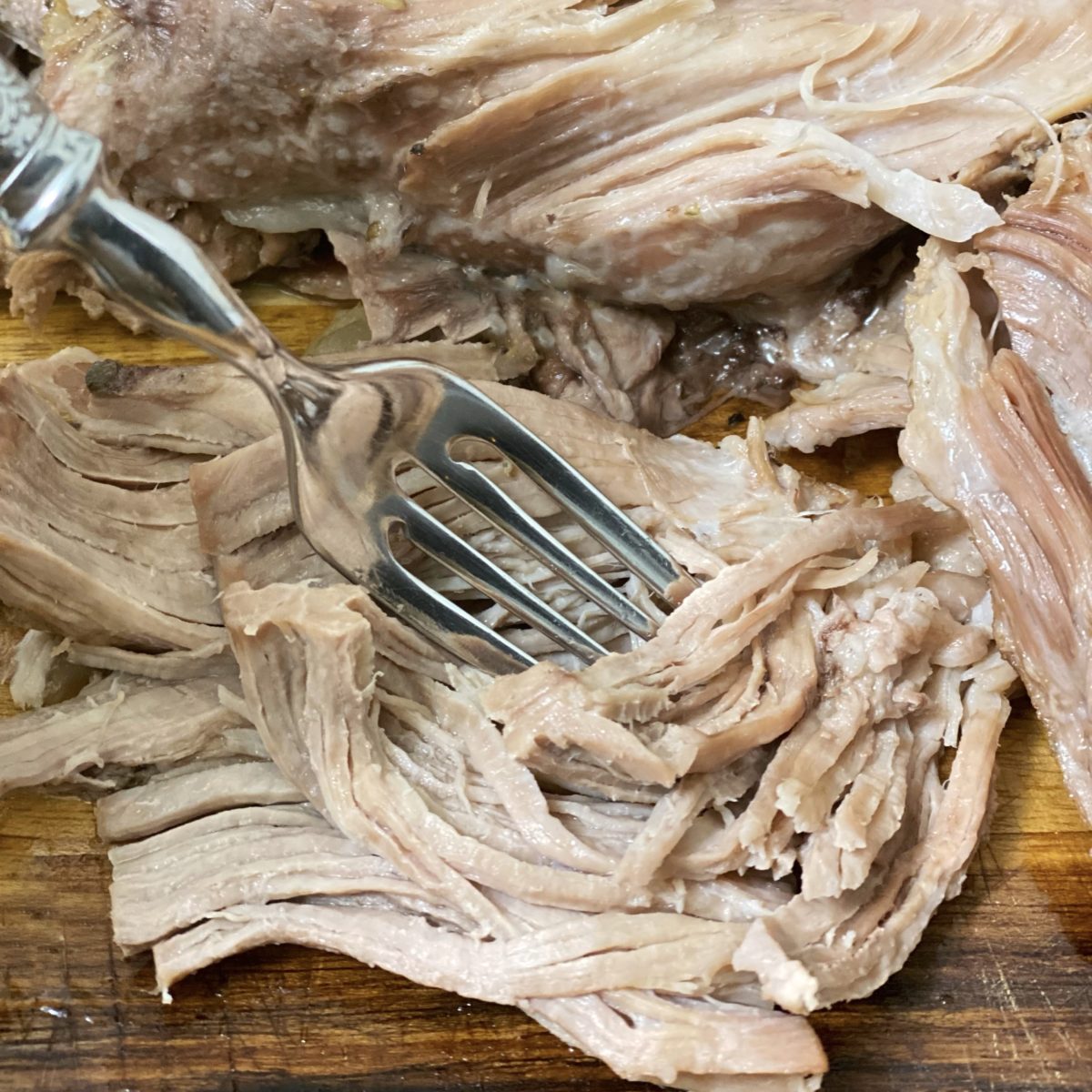 A fork pulling apart the meat of the cooked pork roast.