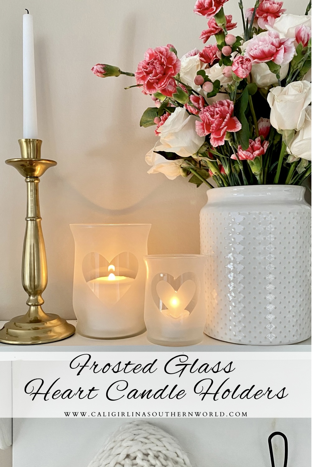 Pinterest Pin for frosted glass heart candle holders.