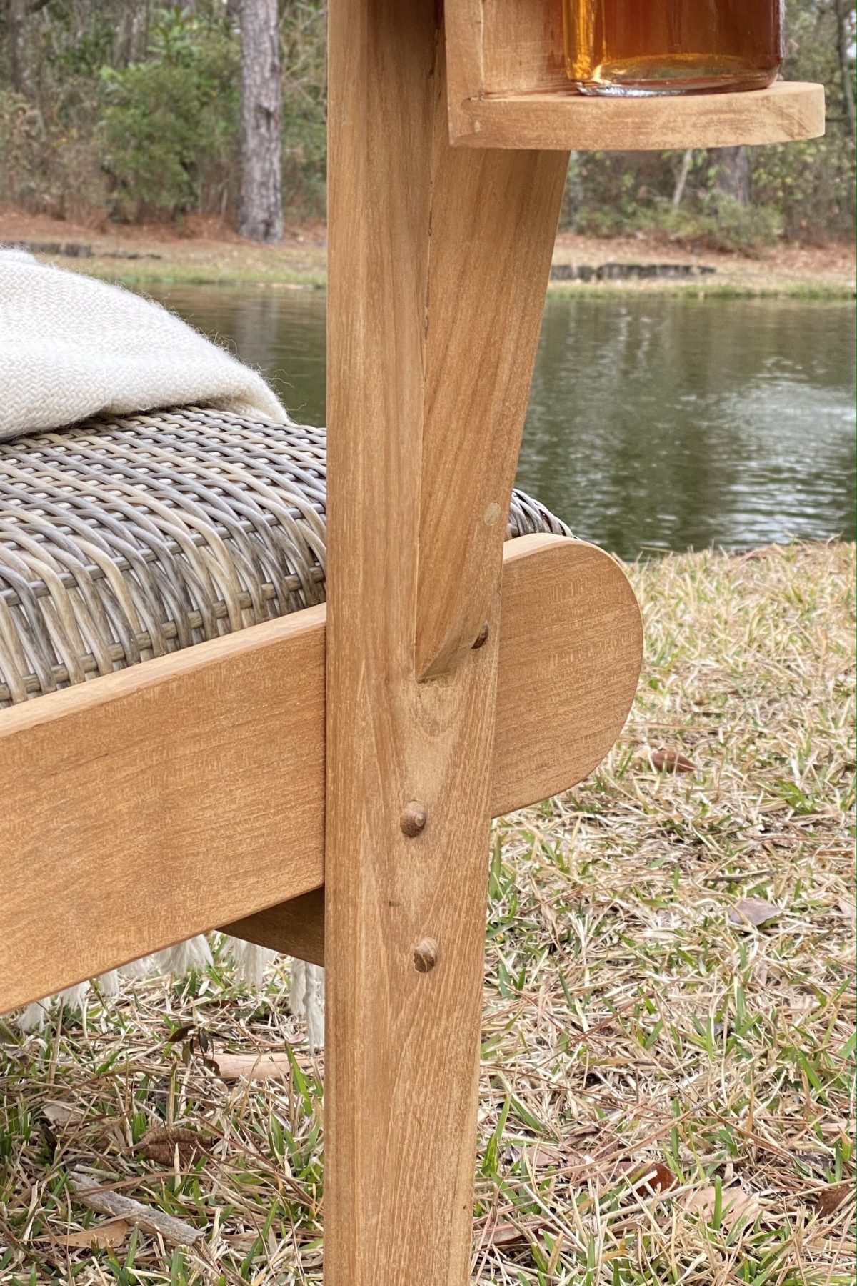 Close up photo of timeless teak outdoor furniture.