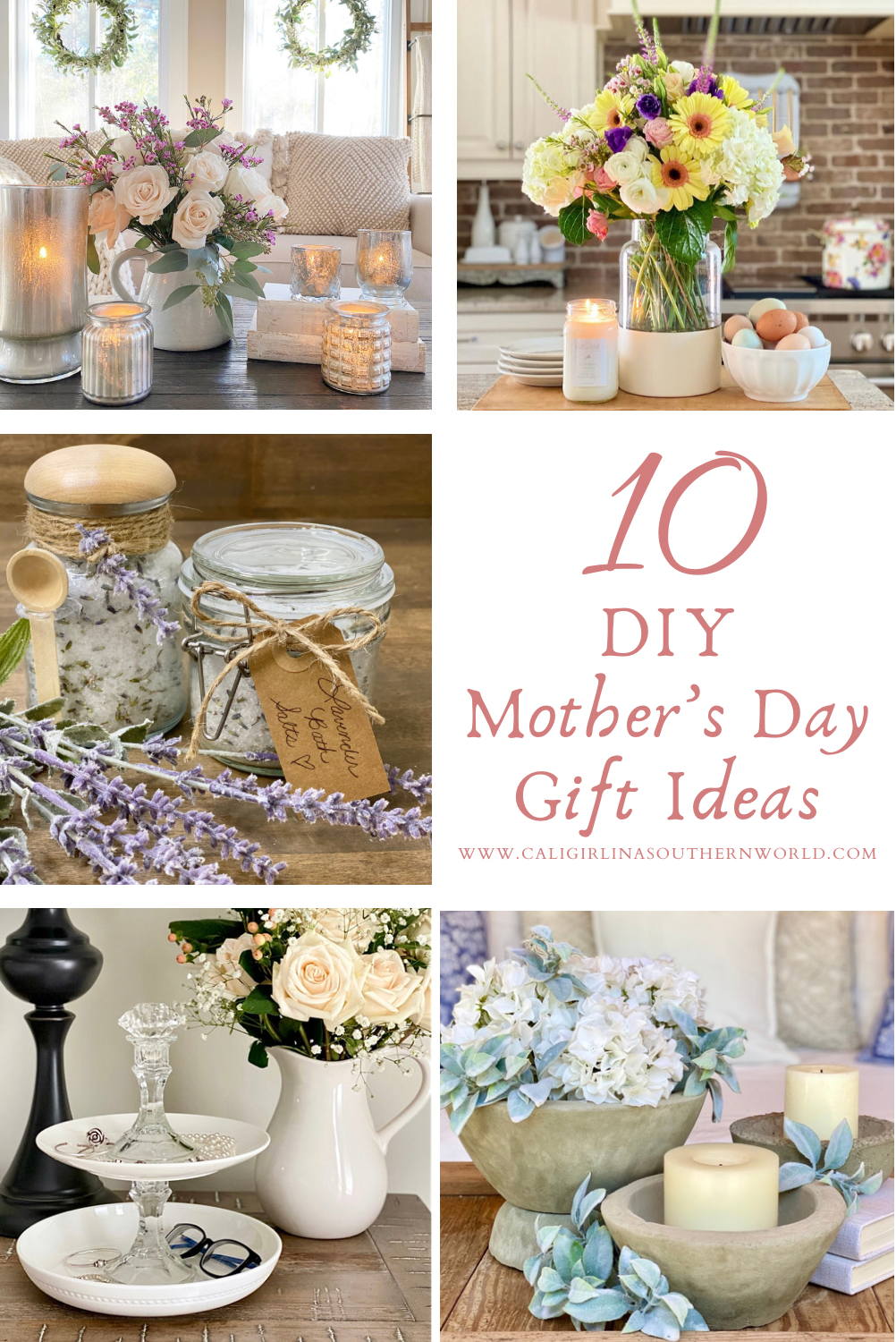 A Pinterest Pin of a collage of great DIY Mother's Day gift ideas including a color block vase, mercury glass candle holders, a tiered jewelry stand and more.