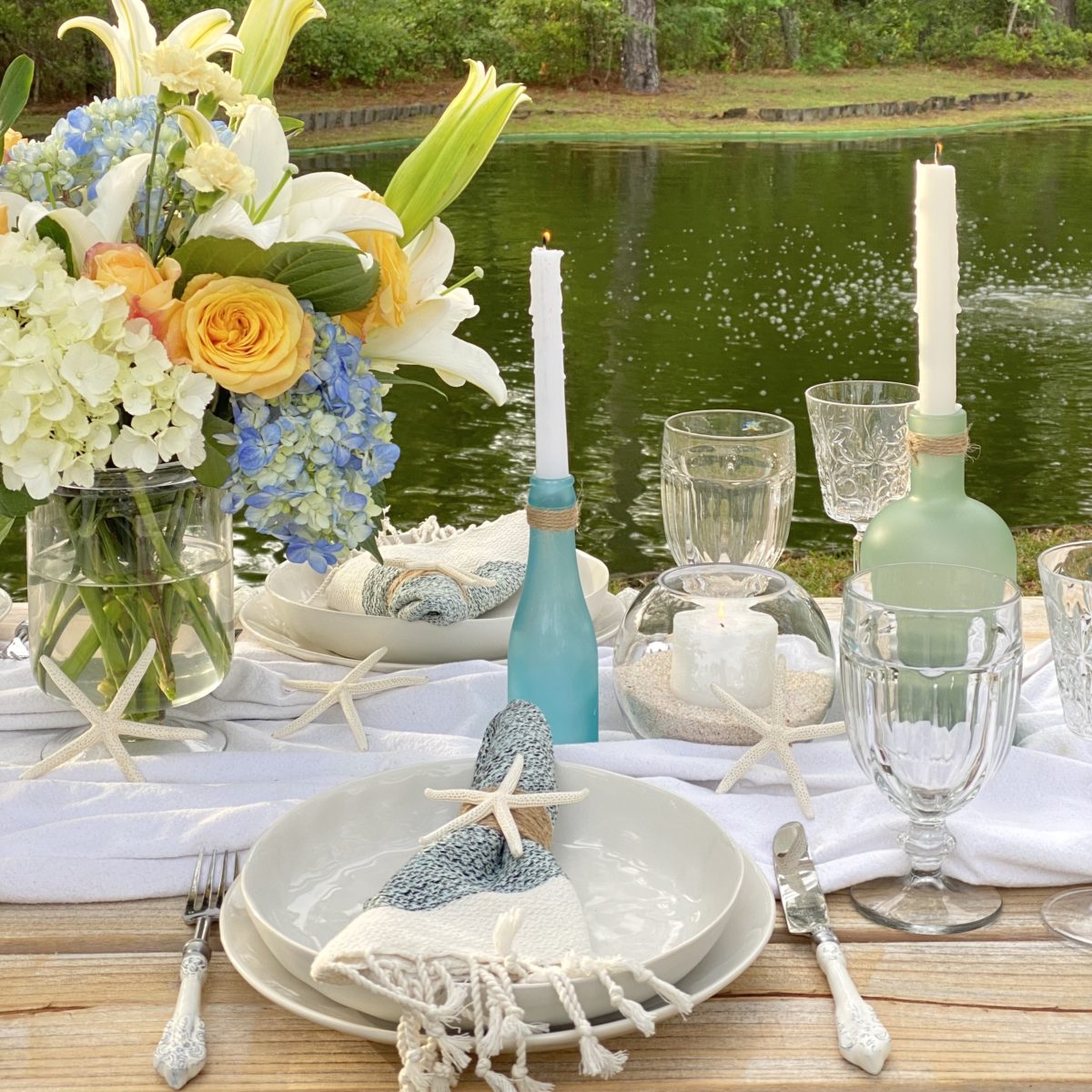Simple summer tablescape close up of a place setting.
