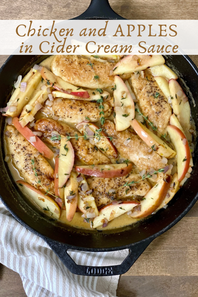 Pinterest Pin for Chicken and Apples in Cider Cream Sauce.
