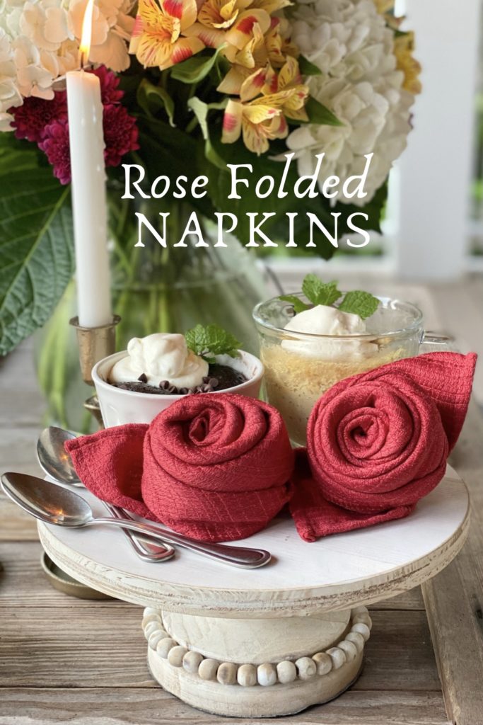 Pinterest Pin for how to fold cloth napkins into roses.