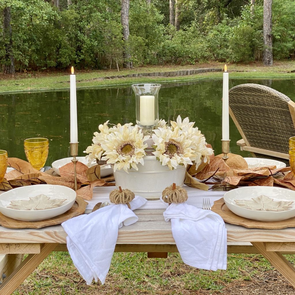 A casual fall outdoor gathering set on the picnic table by the pond with neutral colors.