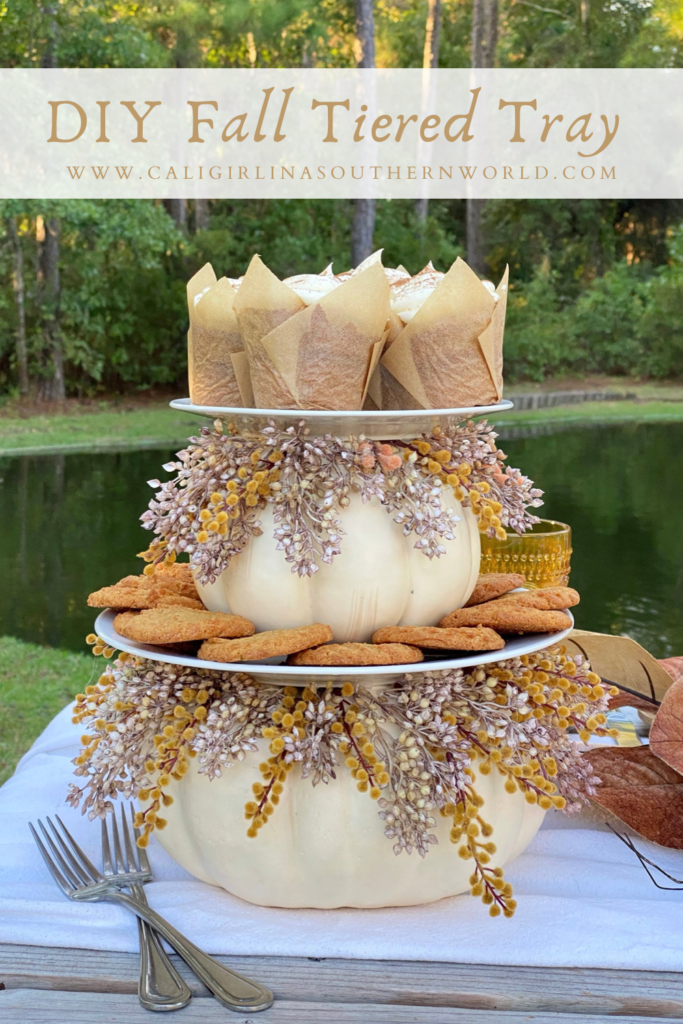 Pinterest Pin for DIY fall tiered tray.