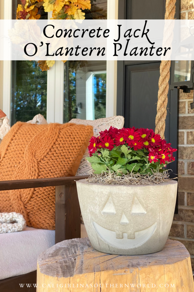 Pinterest Pin for concrete Jack O’Lantern planter.