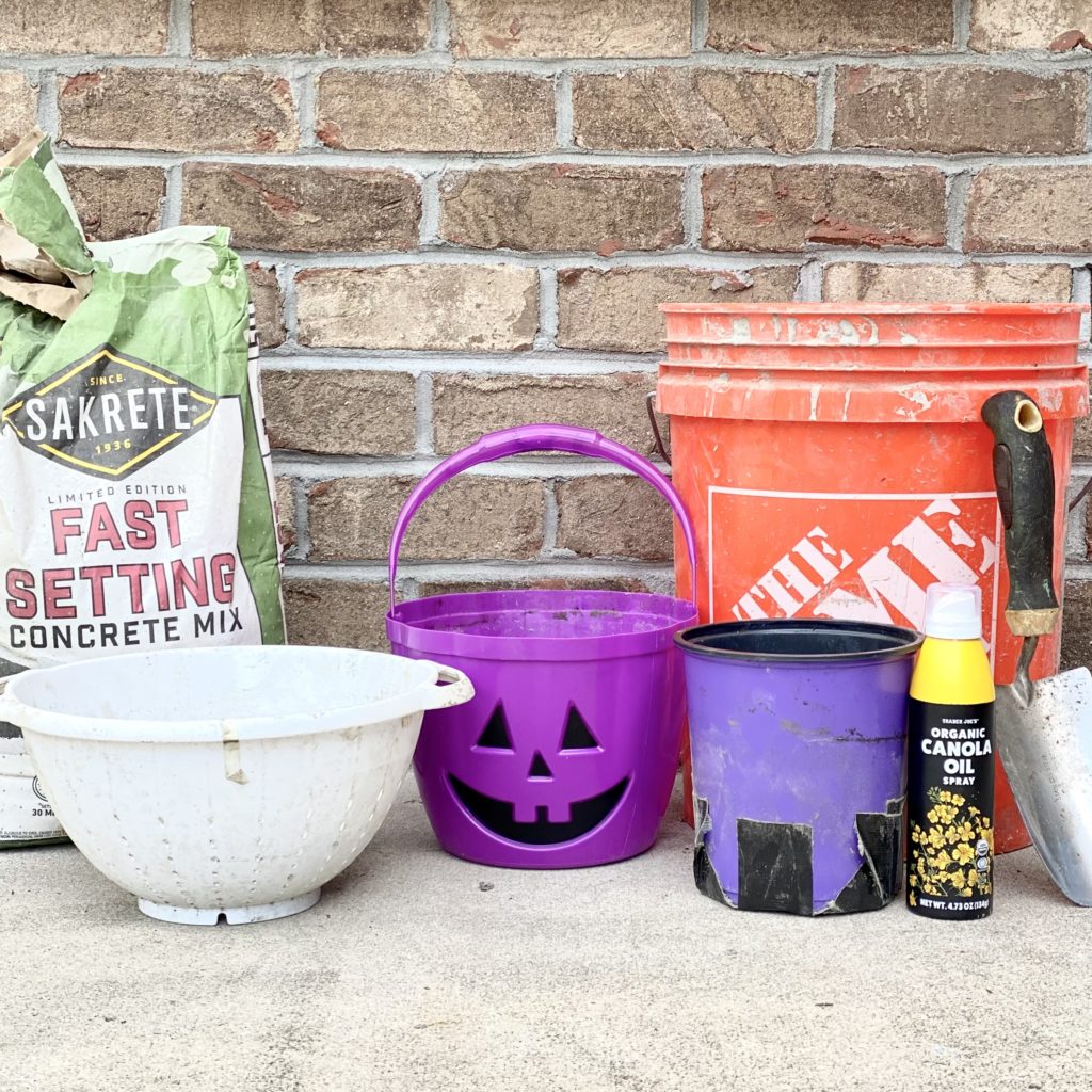 Everything needed to make a concrete Jack O’Lantern planter including a trick-or-treat pail, fast setting concrete, cooking spray, and more.