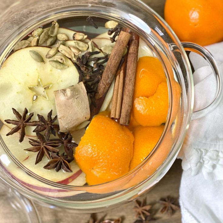A view from above looking into an Autumn simmer pot with orange peel, apple, start of anise, cinnamon sticks, and more.