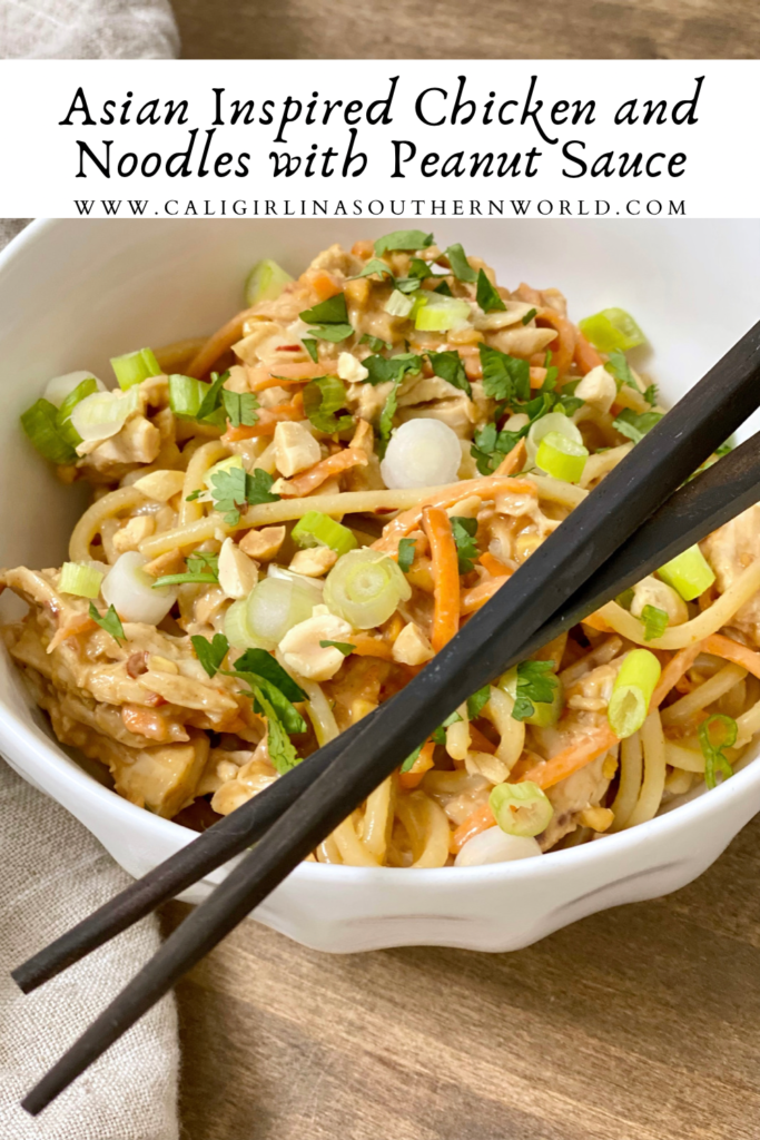 Pinterest Pin of Asian Inspired Chicken and Noodles with Peanut Sauce.
