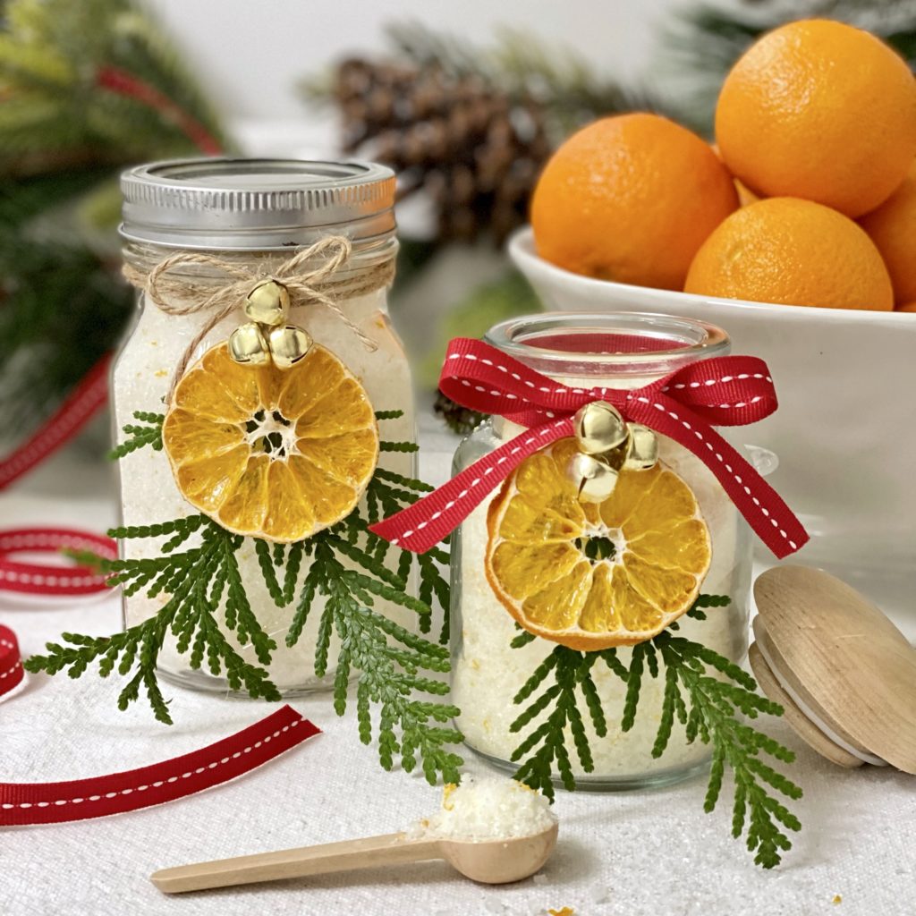 Relaxing Sweet Orange Bath Salts in a jars ready to gift for Christmas.
