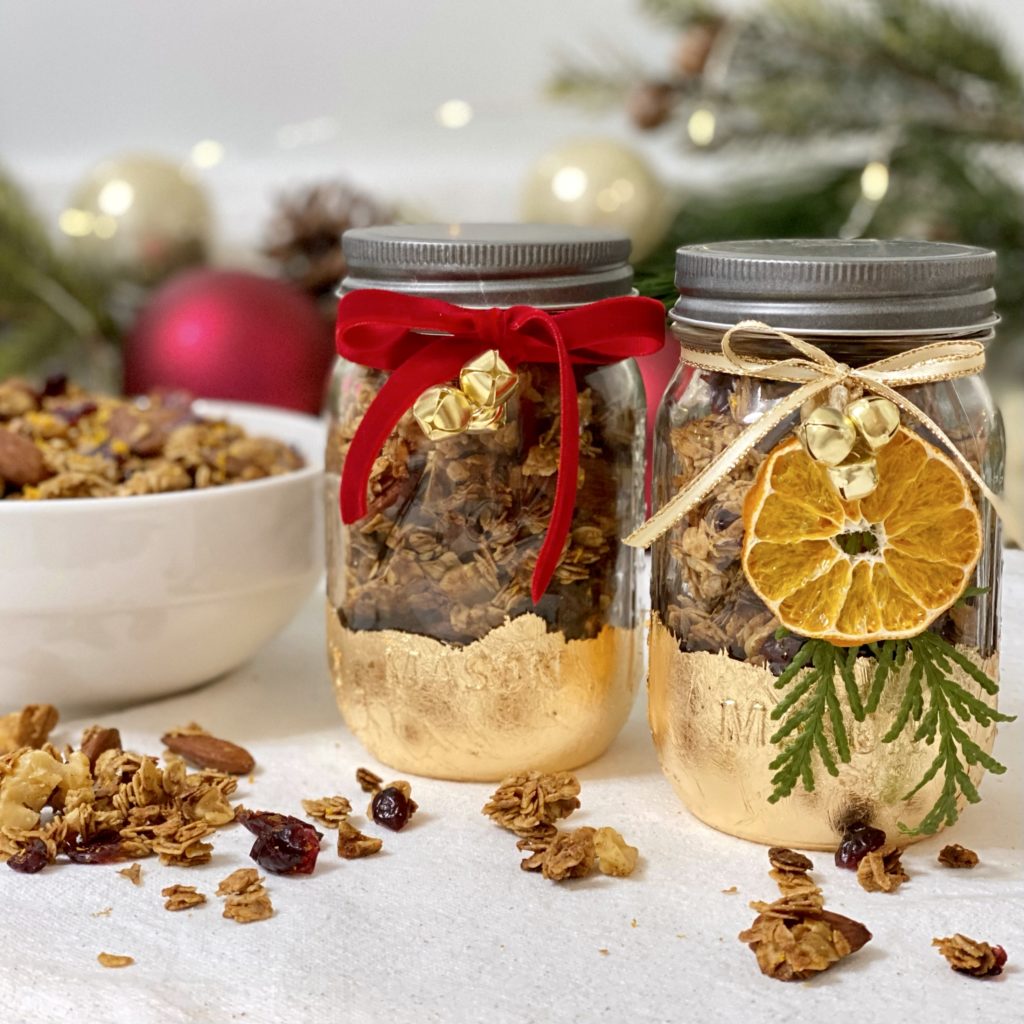 Merry Christmas Granola In jars ready for gifting.