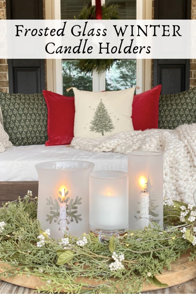 Pinterest Pin for Frosted Glass Winter Candle Holders.