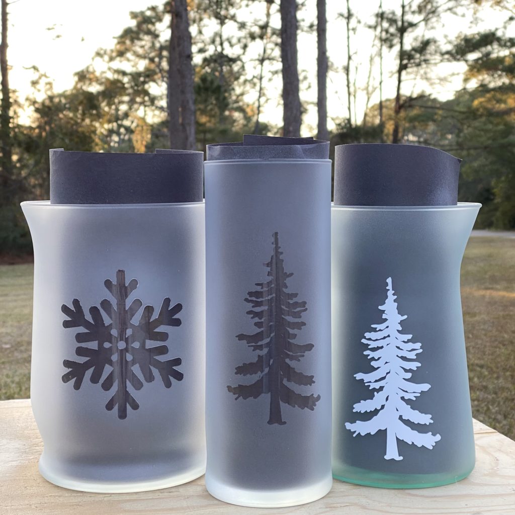 Taking the decals (or stickers) off the Frosted Glass Winter Candle Holders.