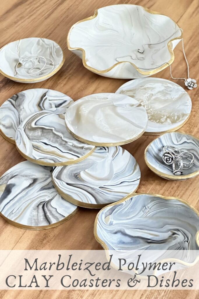 Pinterest Pin for Marbleized Polymer Clay Coasters and Dishes.