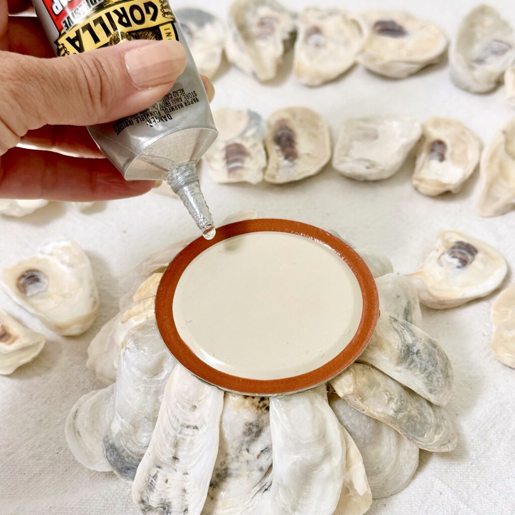 After flipping the lid over so the small oyster shells are upside down, apply the adhesive on the back of the lid. Begin to attach the medium size oyster shells so they surround the edge of the lid where the adhesive has been applied.