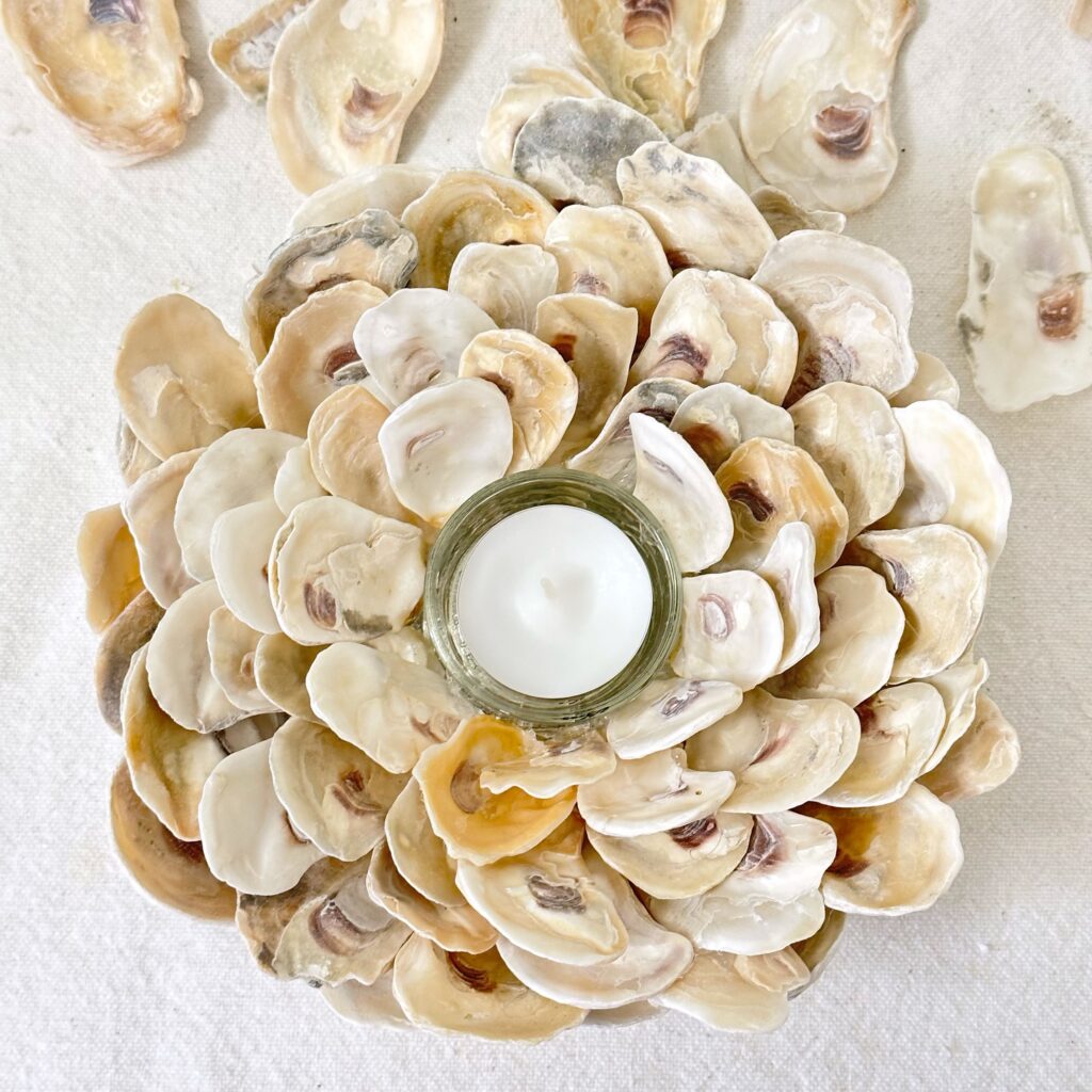 A view from above of the oyster shell candle holder.