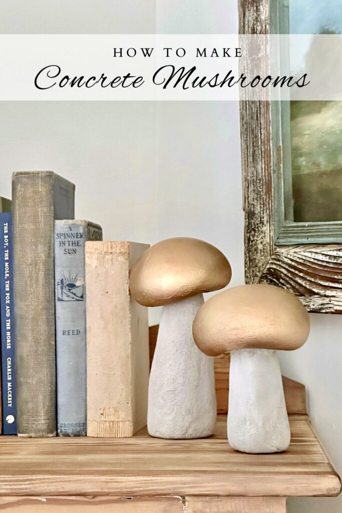 Pinterest Pin of concrete mushrooms being displayed as bookends on a bookshelf.