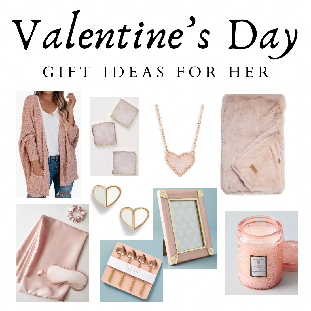 Collage of Valentine's Day gift idea's for her including a pink blanket, cardigan, candle. and jewelry.