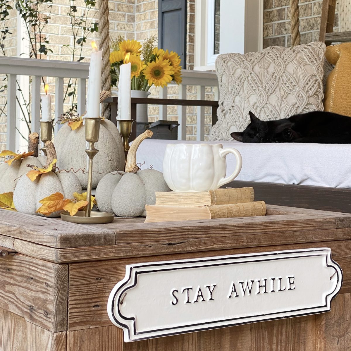 A coffee table on the front porch decorated with DIY concrete pumpkins, brass cradle holders with white candles, books, and a white pumpkin coffee mug. In the background is a black cat sleeping the porch swing.
